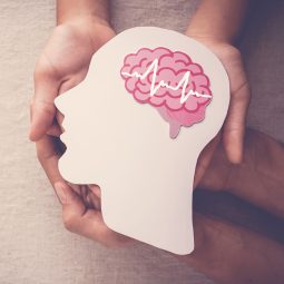 Mental Health First Aid MHFA - Photo of hands holding a cut out of a head with a brain outlined