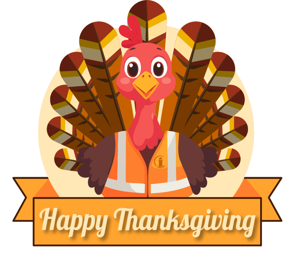 Turkey in a safety vest with a banner saying Happy Thanksgiving
